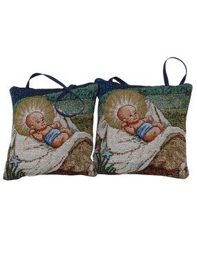 2 Baby Jesus Decorative Tapestry Sachet Pillows W/Loop 5.25" Sq Multicolor #D-9